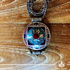 Tibetan gau pendant amulet box selection with semiprecious stones. Tibetan Pendant inlaid with turquoise, coral and lapis lazuli and Om Mani Padme Hum mantra. Long chain. Selection of Tibetan Jewelry made from crystals, gemstones at Gaia Center | Cyprus.