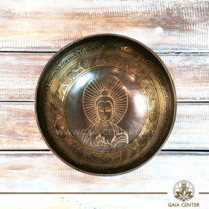Tibetan Sining Bowl metal with engraved Buddha design with auspicious buddhist symbols and prayers /mantras for Sound Healing Therapy at GAIA CENTER | CYPRUS. Original from Nepal. Cyprus delivery to: Limassol, Paphos, Nicosia, Larnaca, Paralimni, Strovolos. Including provinces and small suburbs. Europe and International Worldwide shipping. Wholesale and Retail. Shop online for Singing Bowls: https://gaia-center.com