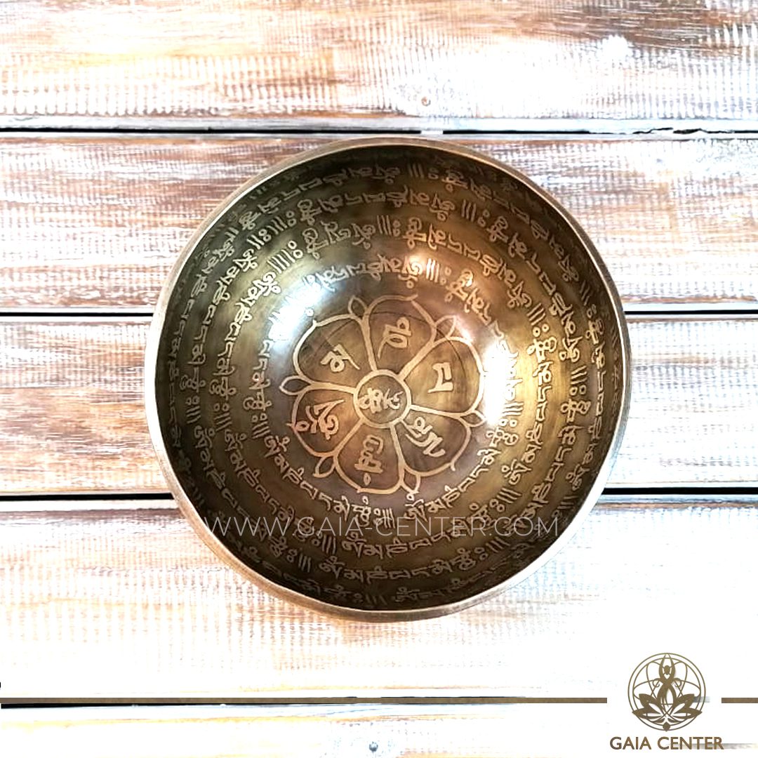 Tibetan Sining Bowl metal with engraved design auspicious buddhist symbols, Om symbol and prayers /mantras for Sound Healing Therapy at GAIA CENTER | CYPRUS. Original top quality from Nepal. Cyprus delivery to: Limassol, Paphos, Nicosia, Larnaca, Paralimni, Strovolos. Including provinces and small suburbs. Europe and International Worldwide shipping. Wholesale and Retail. Shop online for Singing Bowls: https://gaia-center.com