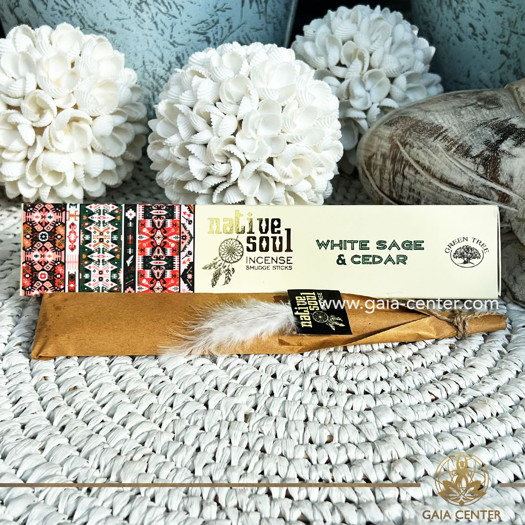 Natural Aroma Incense Sticks White Sage and Cedar by Native Soul Green Tree. 15g incense sticks in a pack. Order online at Gaia Center | Aroma Incense and Crystal Shop in Cyprus. Cyprus islandwide delivery: Limassol, Nicosia, Larnaca, Paphos. Europe & Worldwide delivery.