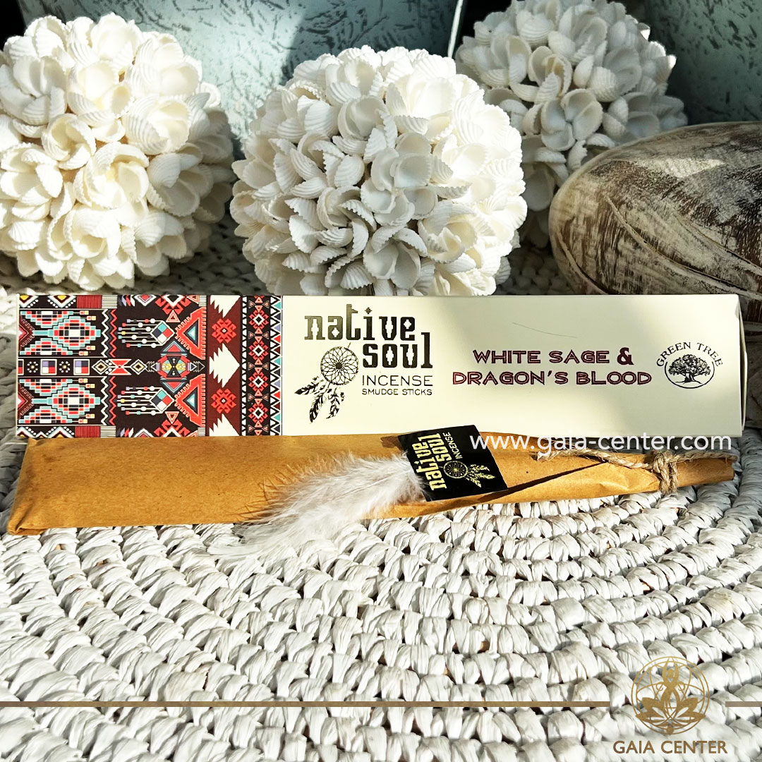 Natural Aroma Incense Sticks White Sage and Dragons Blood by Native Soul Green Tree. 15g incense sticks in a pack. Order online at Gaia Center | Aroma Incense and Crystal Shop in Cyprus. Cyprus islandwide delivery: Limassol, Nicosia, Larnaca, Paphos. Europe & Worldwide delivery.