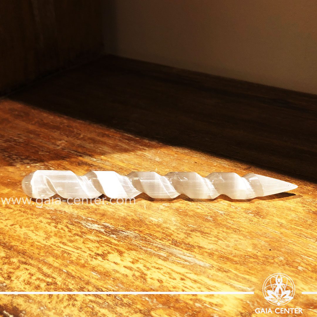 Selenite crystal pointed spiral healing wand at Gaia Center| Cyprus.