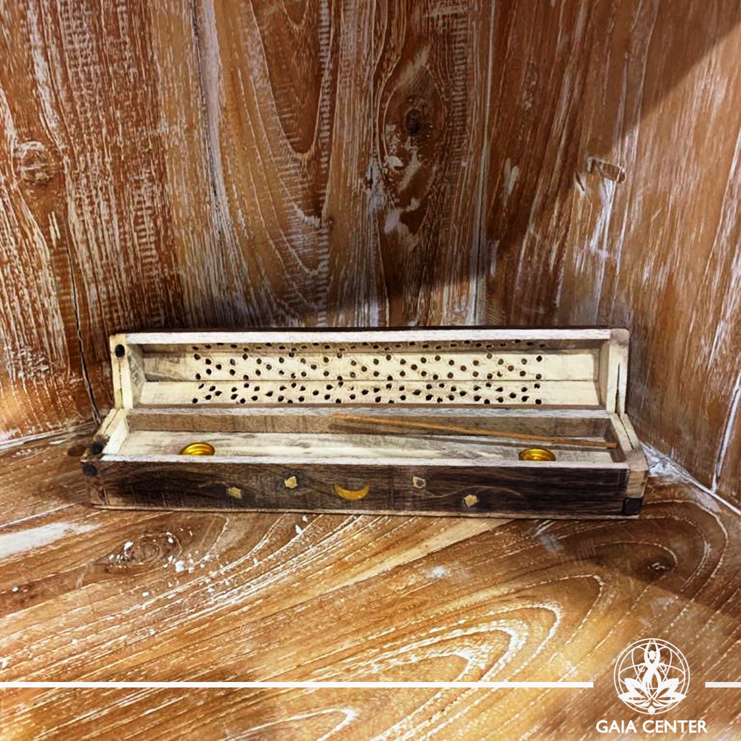 Incense Holder Box or Ash Catcher for incense sticks. Made from mango wood with artistic design. Incense burners selection at Gaia Center | Cyprus.