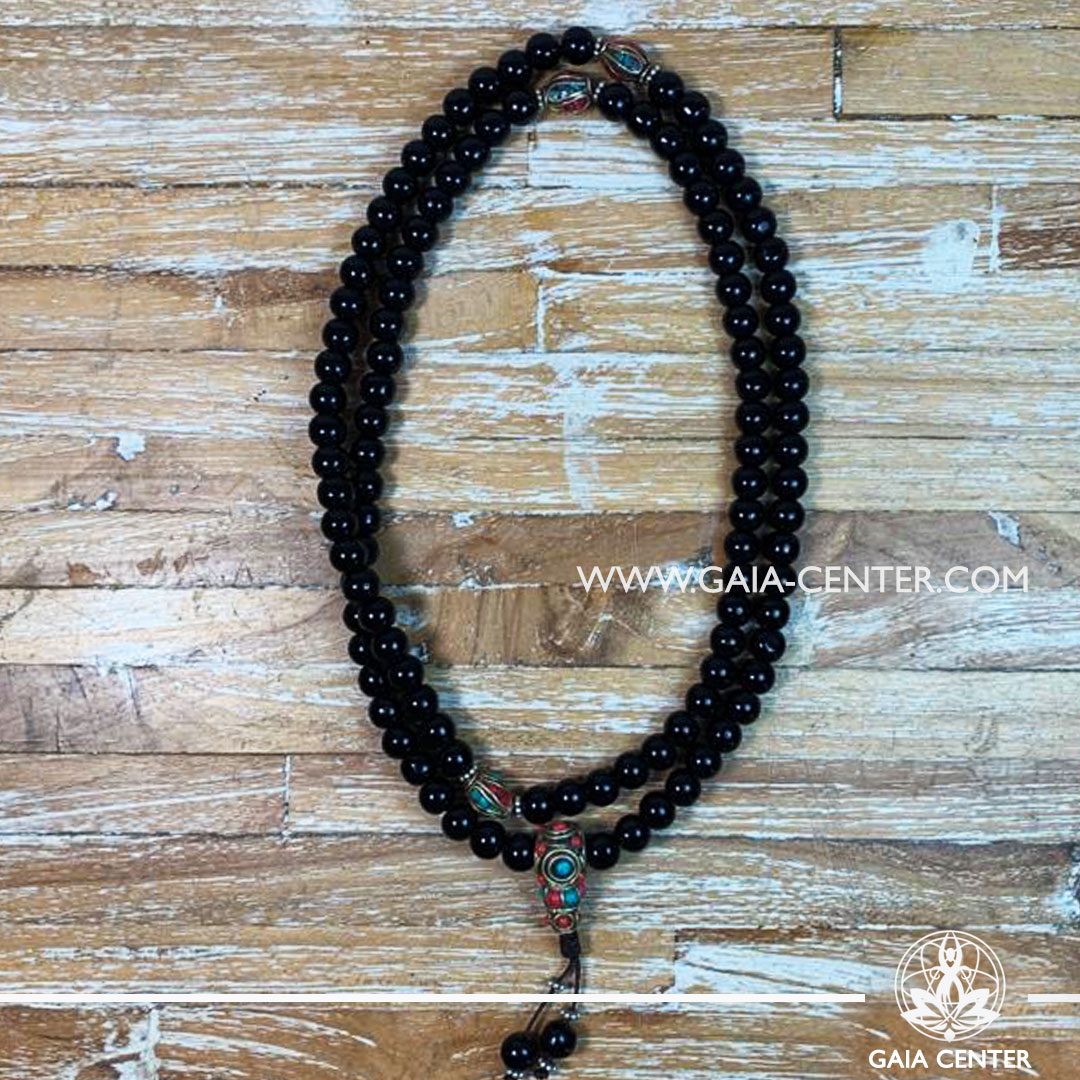 Crystal Malas Selection: Tibetan Prayer Mala from Black Onyx Stone and tibetan beads design. Crystal and Wooden malas collection Gaia Center | Cyprus.