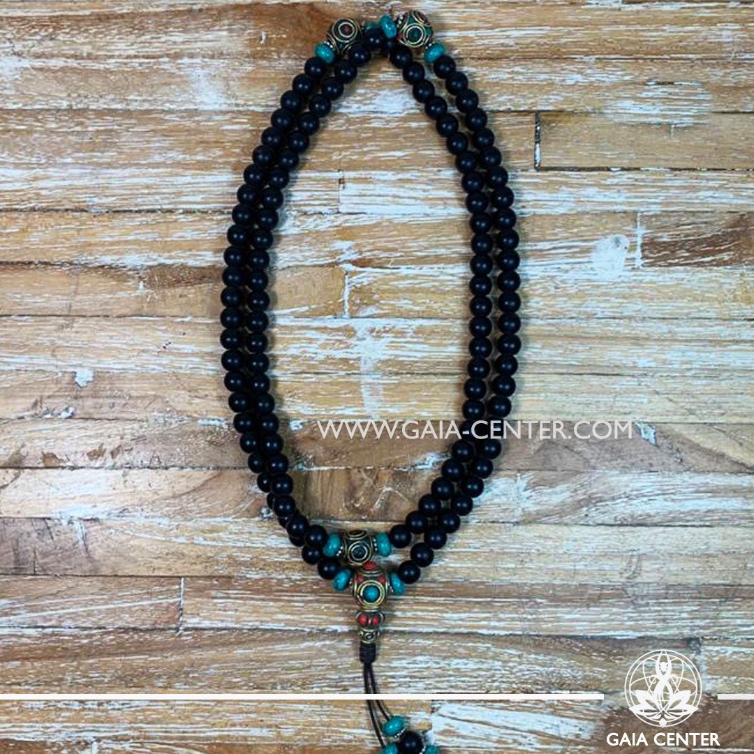 Crystal Malas Selection: Tibetan Prayer Mala from Black Shiva Lingham Stone and tibetan beads design. Crystal and Wooden malas collection Gaia Center | Cyprus.