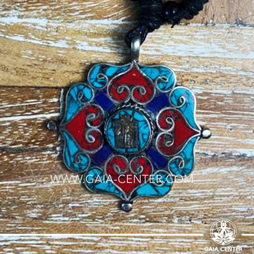 Tibetan Pendant artistic decor design. Red coral, lapis lazuli and turquoise. Adjustable black string. Selection of Tibetan Jewelry made of crystals, gemstones, combination of metals at Gaia Center | Cyprus.