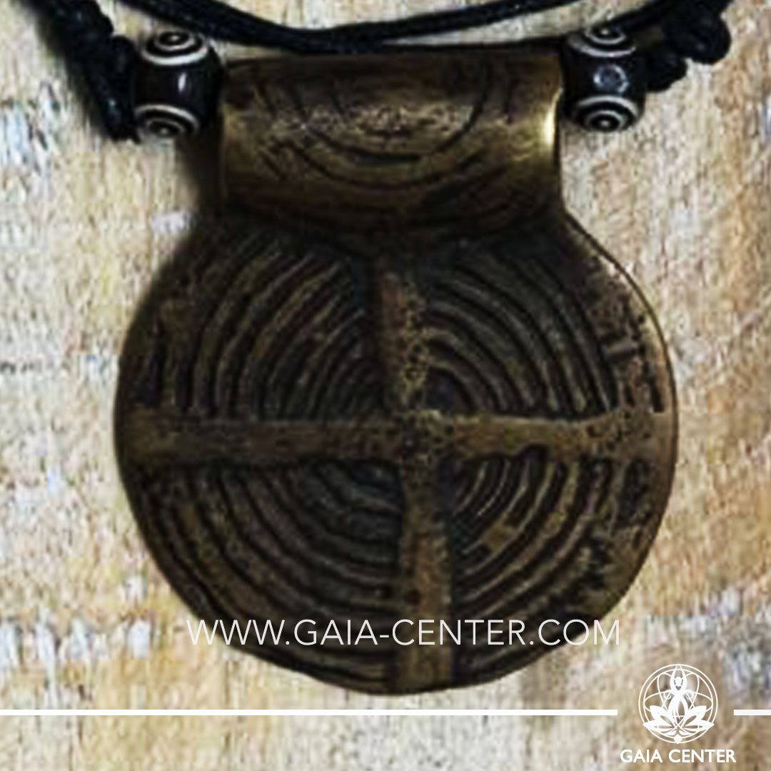 Tibetan Pendant Spiral Tribal design. Made from combination of metals, silver color style. On an adjustable black string. Tibet Selection of Tibetan Jewelry made from crystals, gemstones, combination of metals at Gaia Center | Cyprus.