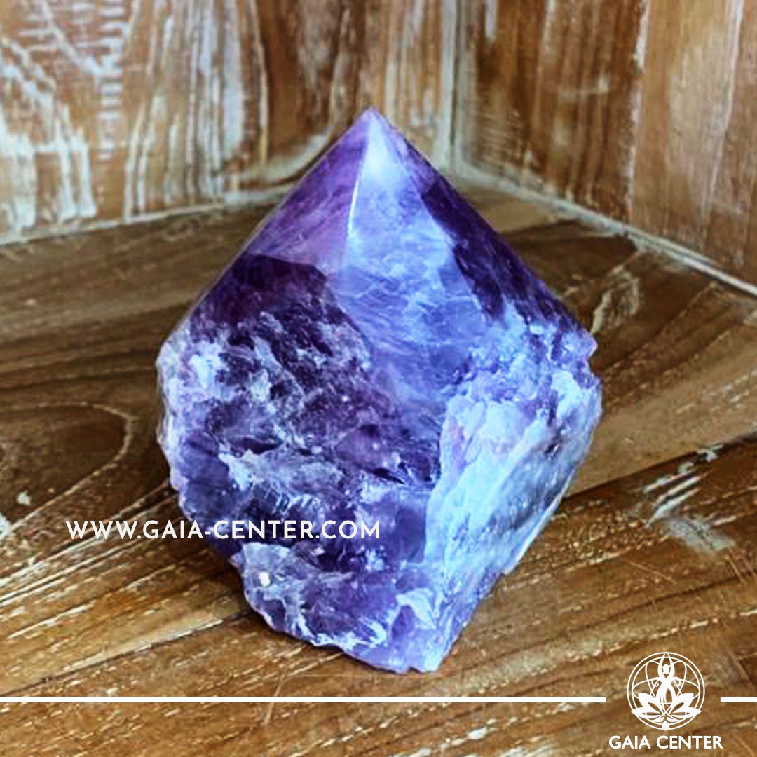 Crystal Amethyst Chevron Quartz Rough Cut Base Polished Point from Brazil. Crystal size: H:90mm L:80mm W:70mm. Crystal and Gemstone selection at Gaia Center | Cyprus.