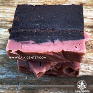 Natural Organic Soap Bar - Chocolate and Raspberry. Base ingredients: Olive oil, Coconut Oil, Castor Oil, Organic Cacao Butter, Goat Milk and more. Natural Soaps selection at Gaia Center in Cyprus available for online orders and Cyprus/ International Delivery.