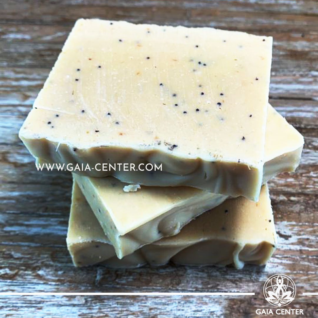 Natural Organic Soap Bar - Lemon Poppy Seed and Goat Milk. Base ingredients: Olive oil, Coconut Oil, Castor Oil and Shea Butter, Goat Milk and more. Natural Soaps selection at Gaia Center in Cyprus available for online orders and Cyprus/ International Delivery.