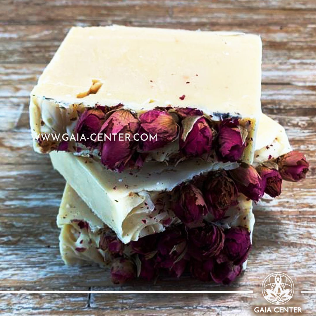 Natural Organic Soap Bar - Rose and Goat Milk. Base ingredients: Olive oil, Coconut Oil, Castor Oil and Shea Butter, Goat Milk, Rose extract and more. Natural Soaps selection at Gaia Center in Cyprus available for online orders and Cyprus/ International Delivery.