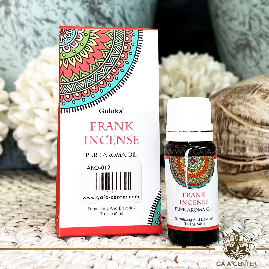 Pure Aroma Oil Blend Frank Incense 10ml. Goloka brand. For Aroma diffusers and oil burners. Gaia Center Crystals & Aroma Shop in Cyprus. Order essentail aroma oils online: Cyprus islandwide delivery: Limassol, Nicosia, Paphos, Larnaca. Europe and worldwide shipping.