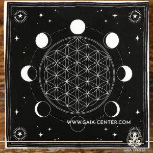 Altar Cloth - Moon Phase Crystal Grid & Flower of Life style 70x70cm is perfect for Tarot, Oracle cards, Intuitive Reading, Crystal and Rune placement. Tarot | Oracle | Angel Cards selection and Altar Accessories at Gaia Center | Cyprus.