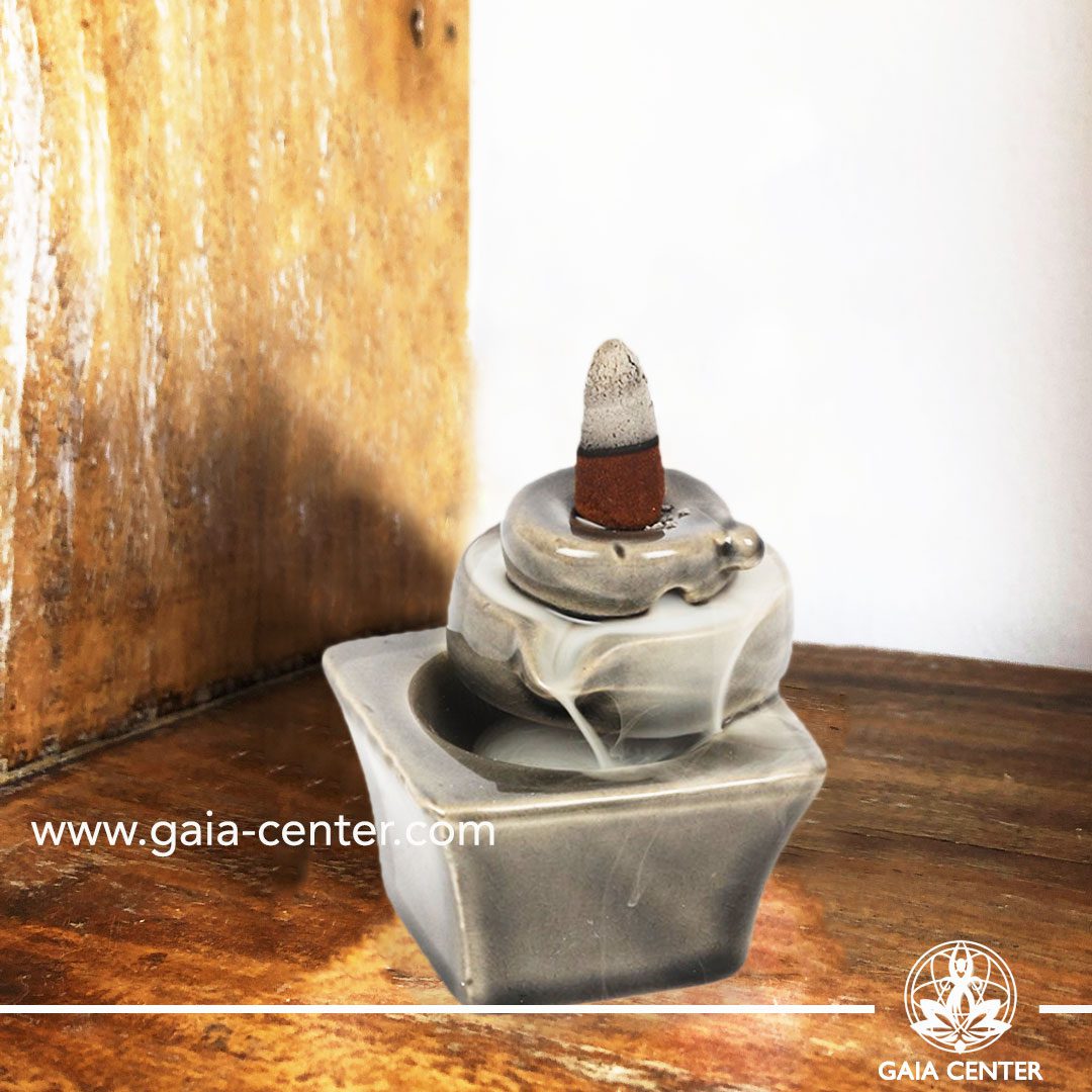Backflow Incense Burner - Zen fountain grey ceramic color. Backflow incense burners an Backflow dhoop cones selection at Gaia Center | Cyprus.