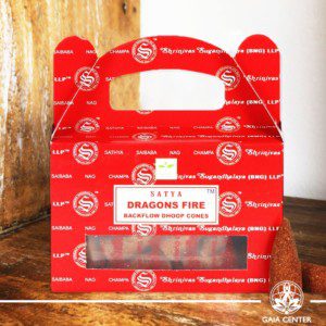 Backflow Dhoop Incense Cones Dragon's Fire by Satya at Gaia Center | Cyprus. Pack contains 24 cones. Backflow Incense Burners and Dhoop Cones selection.