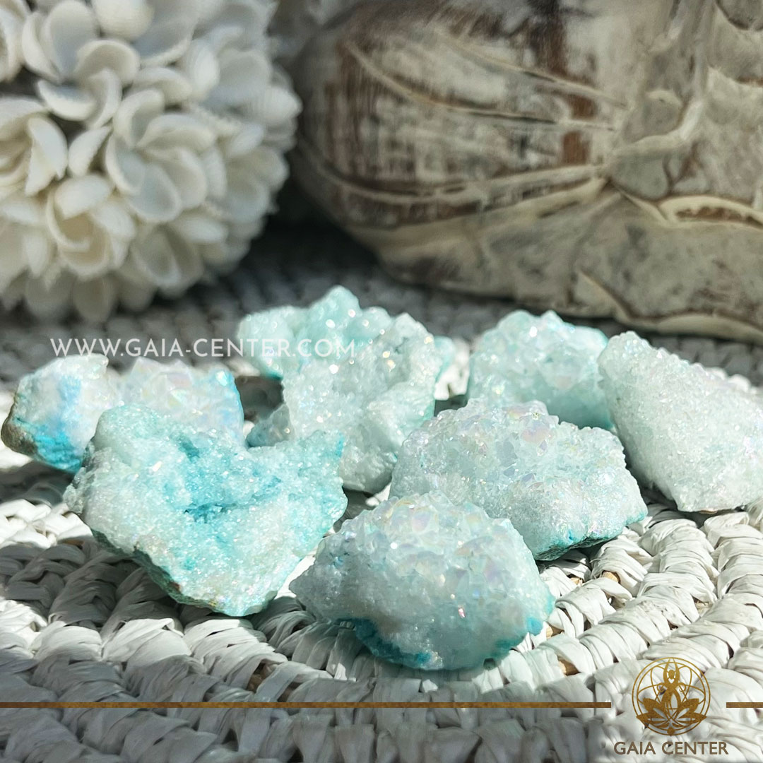 Crystal Light Blue Aura Quartz - Druzy Cluster at Gaia Center Crystal shop in Cyprus. Crystal and Gemstone Jewellery Selection at Gaia Center Crystal shop in Cyprus. Order crystals online, Cyprus islandwide delivery: Limassol, Larnaca, Paphos, Nicosia. Europe and Worldwide shipping.