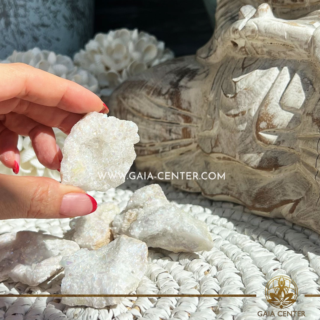 Crystal White Aura Quartz - Druzy Cluster at Gaia Center Crystal shop in Cyprus. Crystal and Gemstone Jewellery Selection at Gaia Center Crystal shop in Cyprus. Order crystals online, Cyprus islandwide delivery: Limassol, Larnaca, Paphos, Nicosia. Europe and Worldwide shipping.