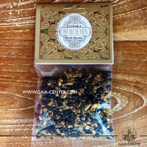 Incense Resin Church Mix by Goloka for smudging and space clearing ceremonies. 1 pack contains 30g. of resin. Aroma Incense Resins selection at Gaia Center in Cyprus.