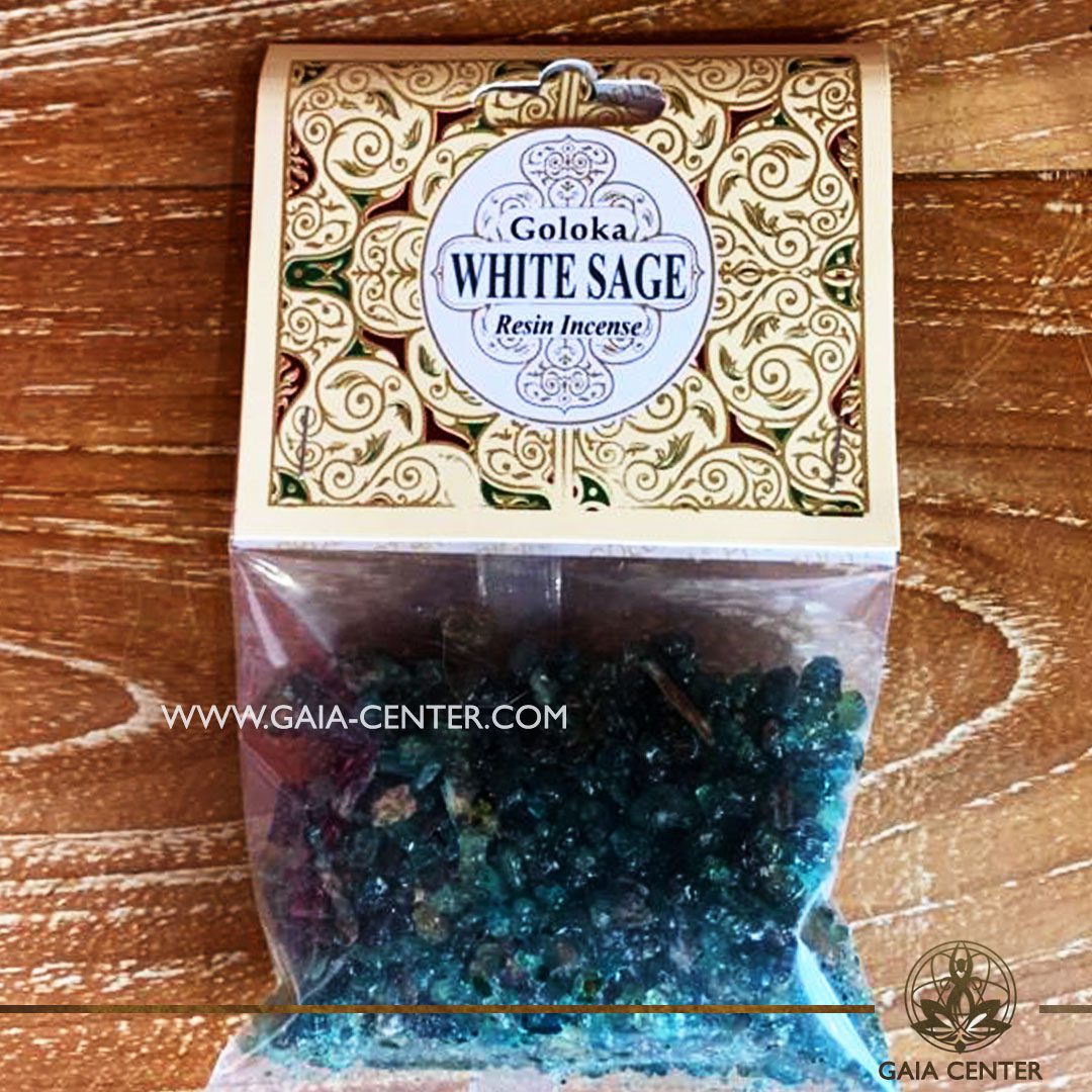 Incense Resin White Sage by Goloka for smudging and space clearing ceremonies. 1 pack contains 30g. of resin. Aroma Incense Resins selection at Gaia Center in Cyprus.