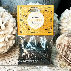 Incense Resin Nag Champa by Goloka for smudging and space clearing ceremonies. 1 pack contains 30g. of resin. Selection of incense burners, aroma resins and smudge sticks for ceremonies and rituals at GAIA CENTER Crystals Incense shop in Cyprus.