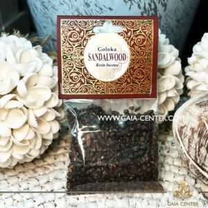 Incense Resin Sandalwood by Goloka for smudging and space clearing ceremonies. 1 pack contains 30g. of resin. Selection of incense burners, aroma resins and smudge sticks for ceremonies and rituals at GAIA CENTER Crystals Incense shop in Cyprus.