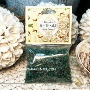 Incense Resin White Sage by Goloka for smudging and space clearing ceremonies. 1 pack contains 30g. of resin. Selection of incense burners, aroma resins and smudge sticks for ceremonies and rituals at GAIA CENTER Crystals Incense shop in Cyprus.
