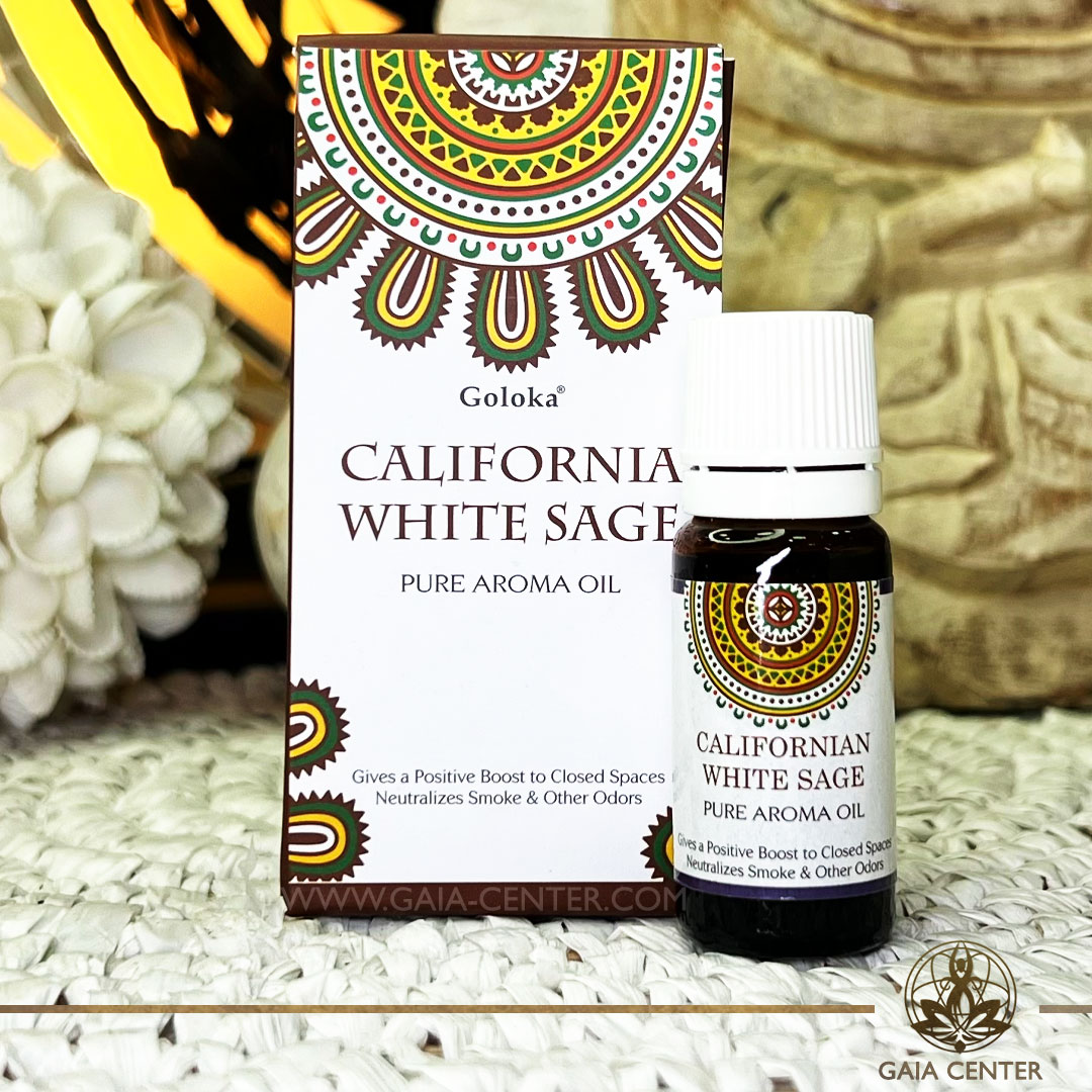 Pure Aroma Oil Blend Californian White Sage 10ml. Goloka brand. For Aroma diffusers and oil burners. Gaia Center Crystals & Aroma Shop in Cyprus. Order essentail aroma oils online: Cyprus islandwide delivery: Limassol, Nicosia, Paphos, Larnaca. Europe and worldwide shipping.