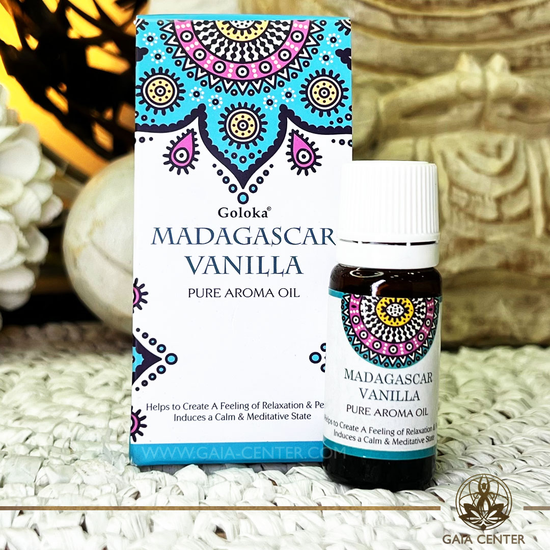 Pure Aroma Oil Blend Madagascar Vanilla 10ml. Goloka brand. For Aroma diffusers and oil burners. Gaia Center Crystals & Aroma Shop in Cyprus. Order essentail aroma oils online: Cyprus islandwide delivery: Limassol, Nicosia, Paphos, Larnaca. Europe and worldwide shipping.