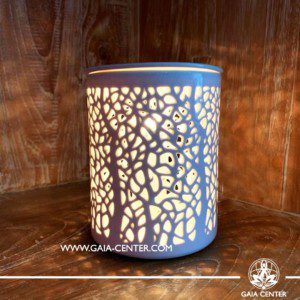 Electric Aroma Essential Oil Burner - White Ceramic with Tree Design. Oil burners and wax melts selection at Gaia Center in Cyprus.