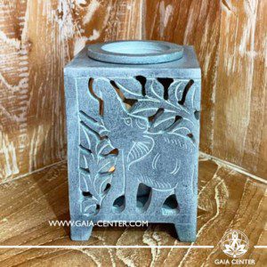 Aroma Essential Oil Burner - Natural Soap stone grey color with Elephant cut design. Oil burners and wax melts selection at Gaia Center in Cyprus.