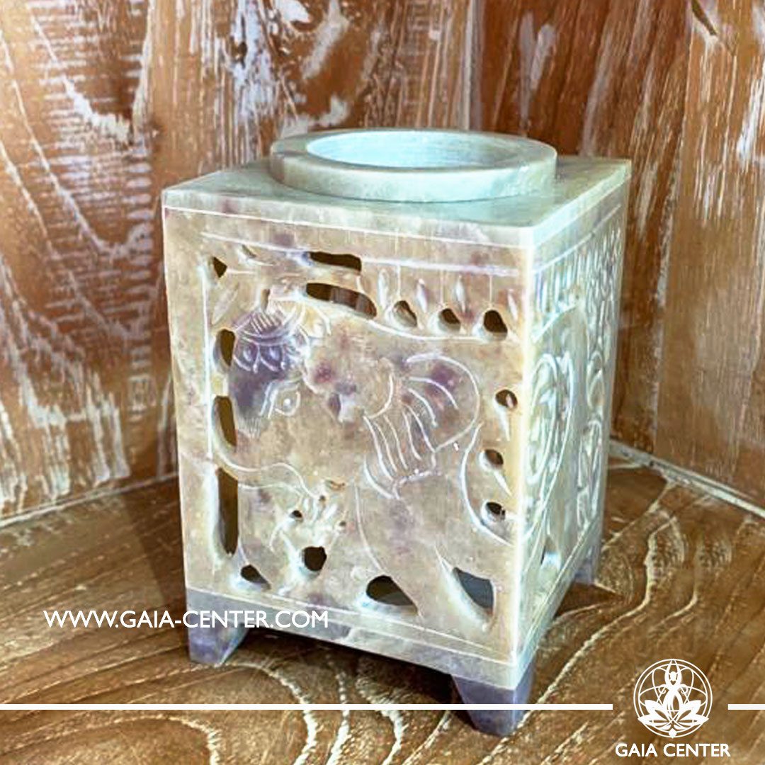 Aroma Essential Oil Burner - Natural Soap stone cream color with Elephant cut design. Oil burners and wax melts selection at Gaia Center in Cyprus.