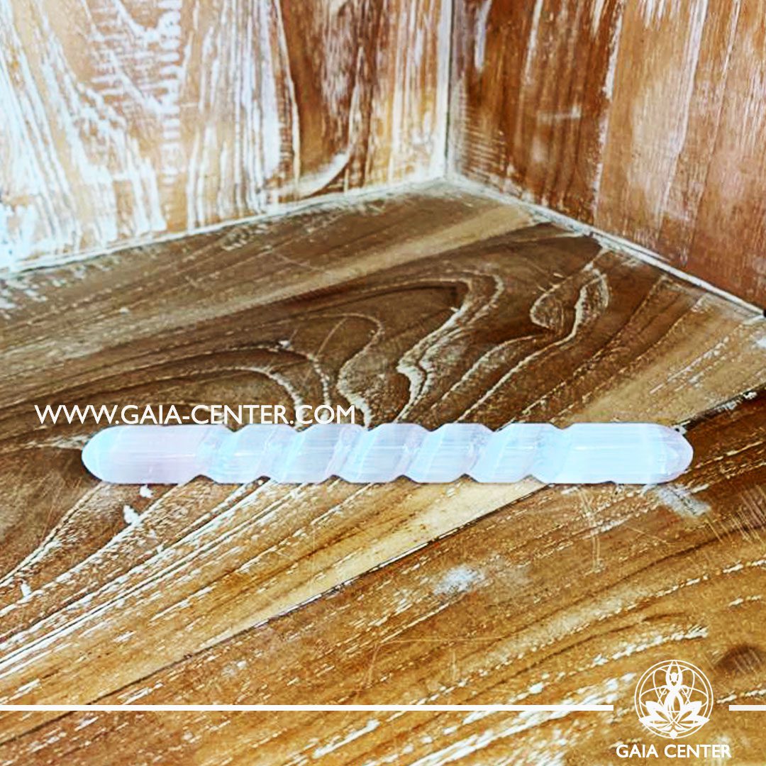 Selenite crystal spiral healing wand round tip. Crystal and Selenite Healing wands selection at Gaia Center in Cyprus.