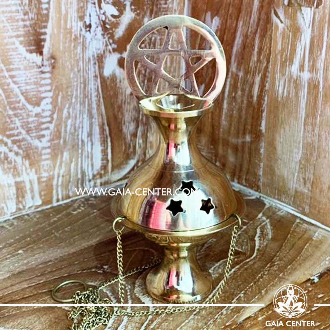 Metal incense burner or censer is ideal for burning loose incense or resins, incense cones. Star Pentagram design and a convenient chain for hanging. Selection of incense burners, aroma resins and smudge sticks for ceremonies and rituals at GAIA CENTER in Cyprus.