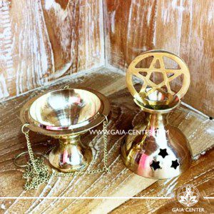 Metal incense burner or censer is ideal for burning loose incense or resins, incense cones. Star Pentagram design and a convenient chain for hanging. Selection of incense burners, aroma resins and smudge sticks for ceremonies and rituals at GAIA CENTER in Cyprus.