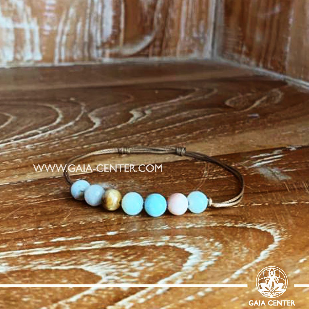 Crystal Bracelet amazonite with 7 amazonite gemstone beads. Adjustable string in size. Crystal and Gemstone Jewellery Selection at Gaia Center in Cyprus.