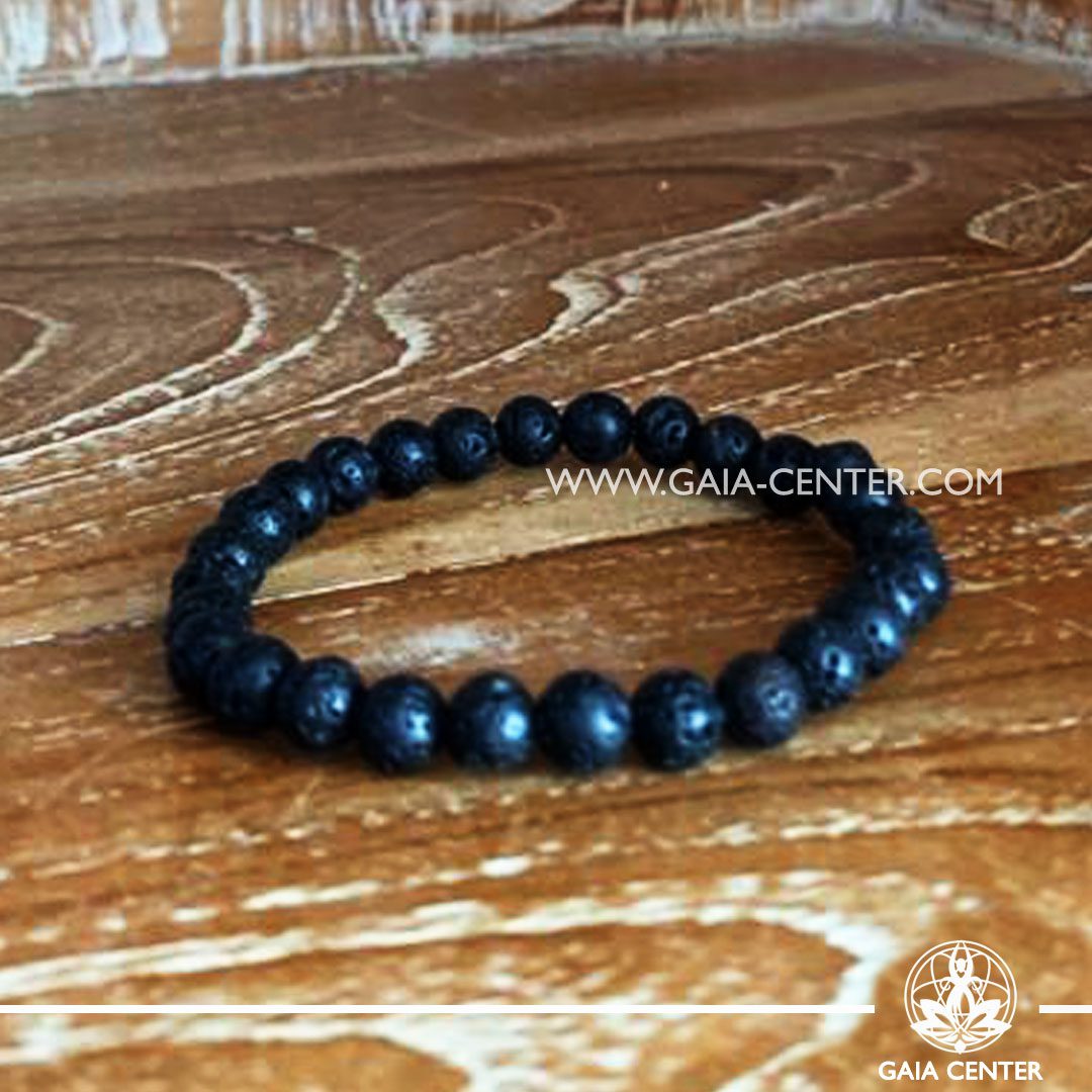 Bracelet Lava Rock with Elastic string- made with black lava stone beads. Crystal and Gemstone Jewellery Selection at Gaia Center in Cyprus.