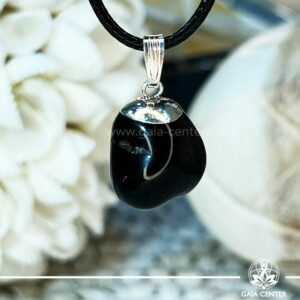 Crystal Pendant - Black Onyx polished with electroplated bail and string at GAIA CENTER Crystal Shop CYPRUS. Crystal jewellery and crystal pendants at Gaia Center crystal shop in Cyprus. Order online top quality crystals, Cyprus islandwide delivery: Limassol, Larnaca, Paphos, Nicosia. Europe and Worldwide shipping.