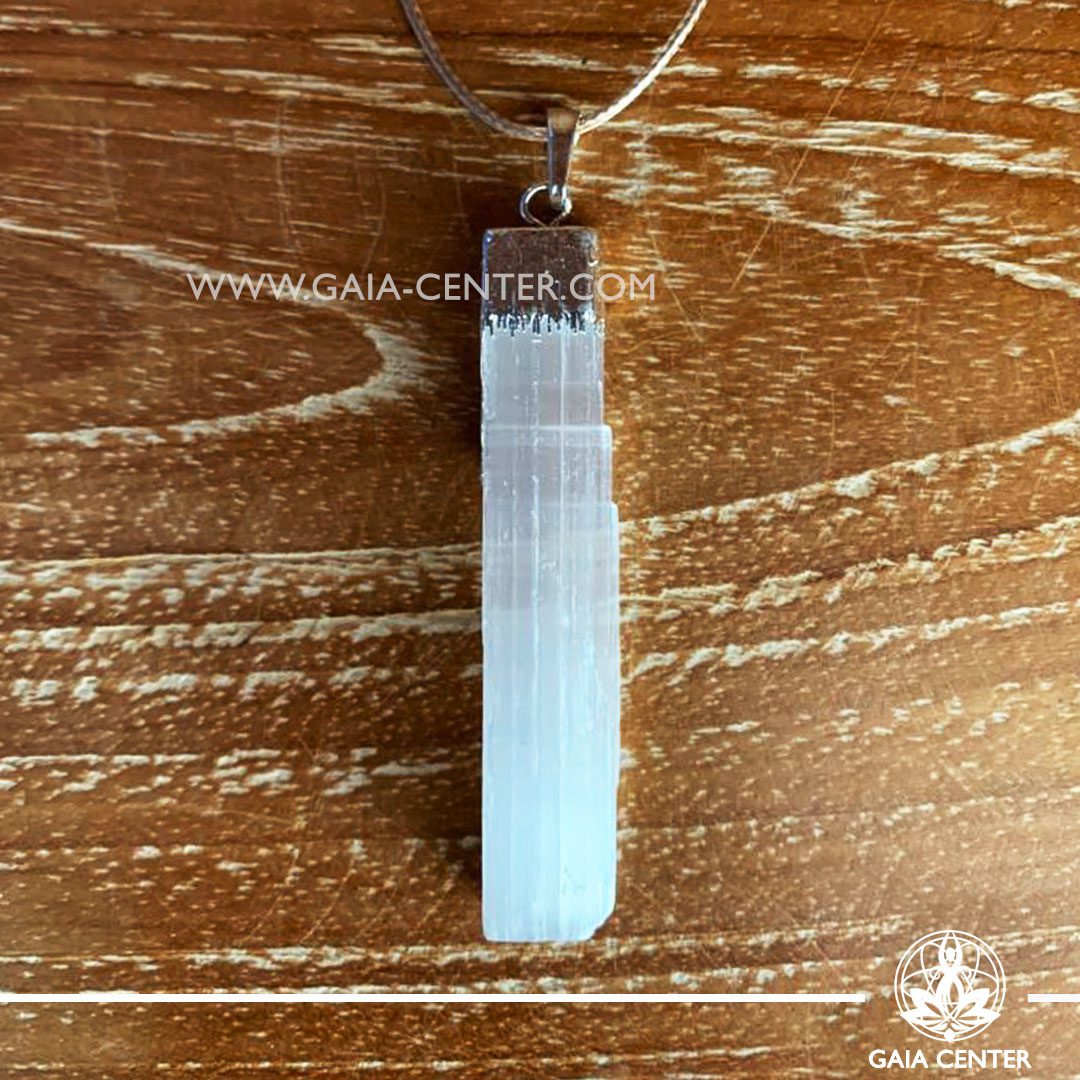 Crystal pendant - Selenite White Rough with metal cap design with adjustable cord. Crystal and Gemstone Jewellery selection at GAIA CENTER in Cyprus.