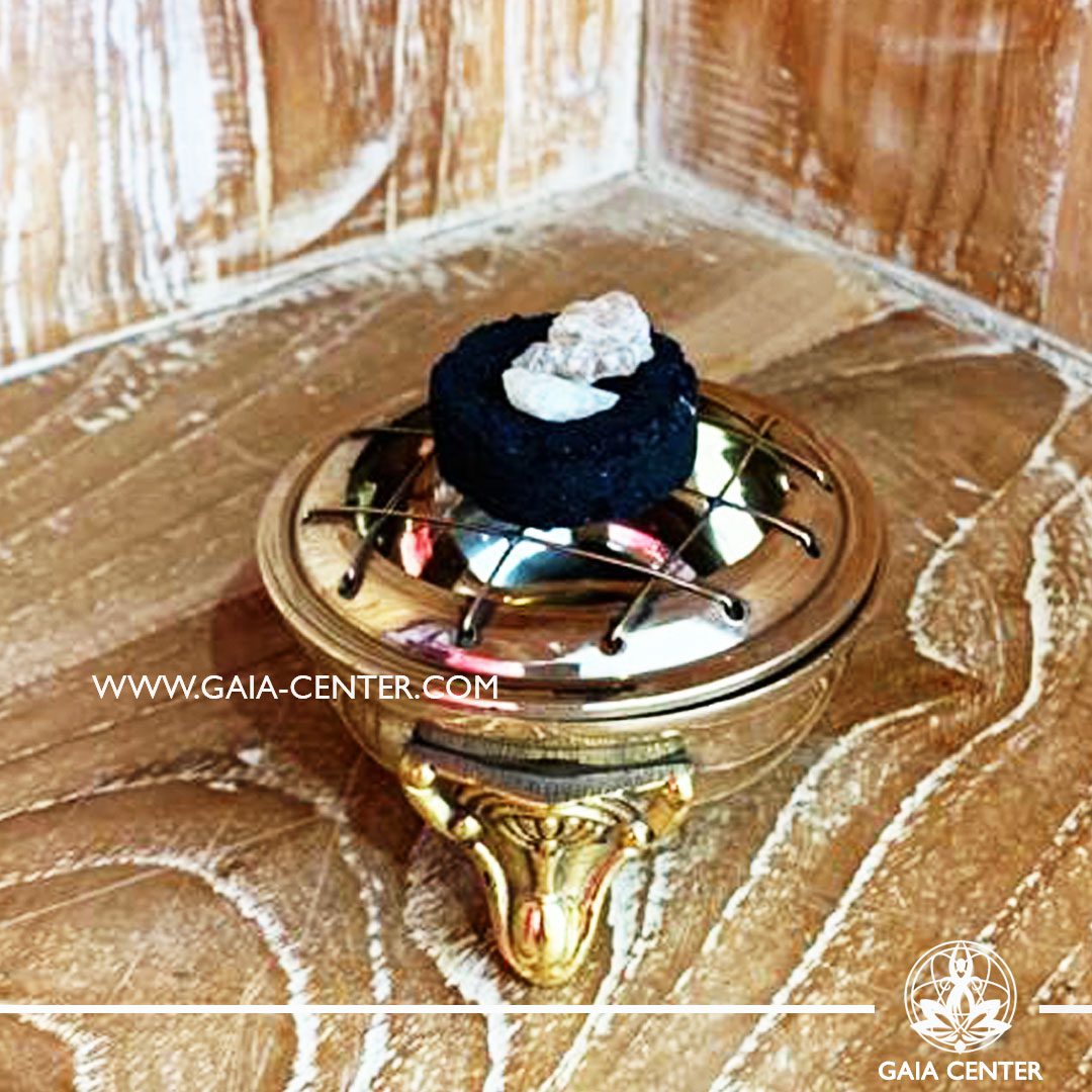 Brass incense burner is ideal for burning loose incense or resins. Selection of incense burners, aroma resins and smudge sticks for ceremonies and rituals at GAIA CENTER in Cyprus.