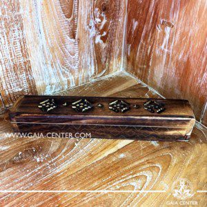 Incense Holder Box or Ash Catcher for incense sticks. Made from mango wood with artistic design. Incense burners selection at Gaia Center | Cyprus.