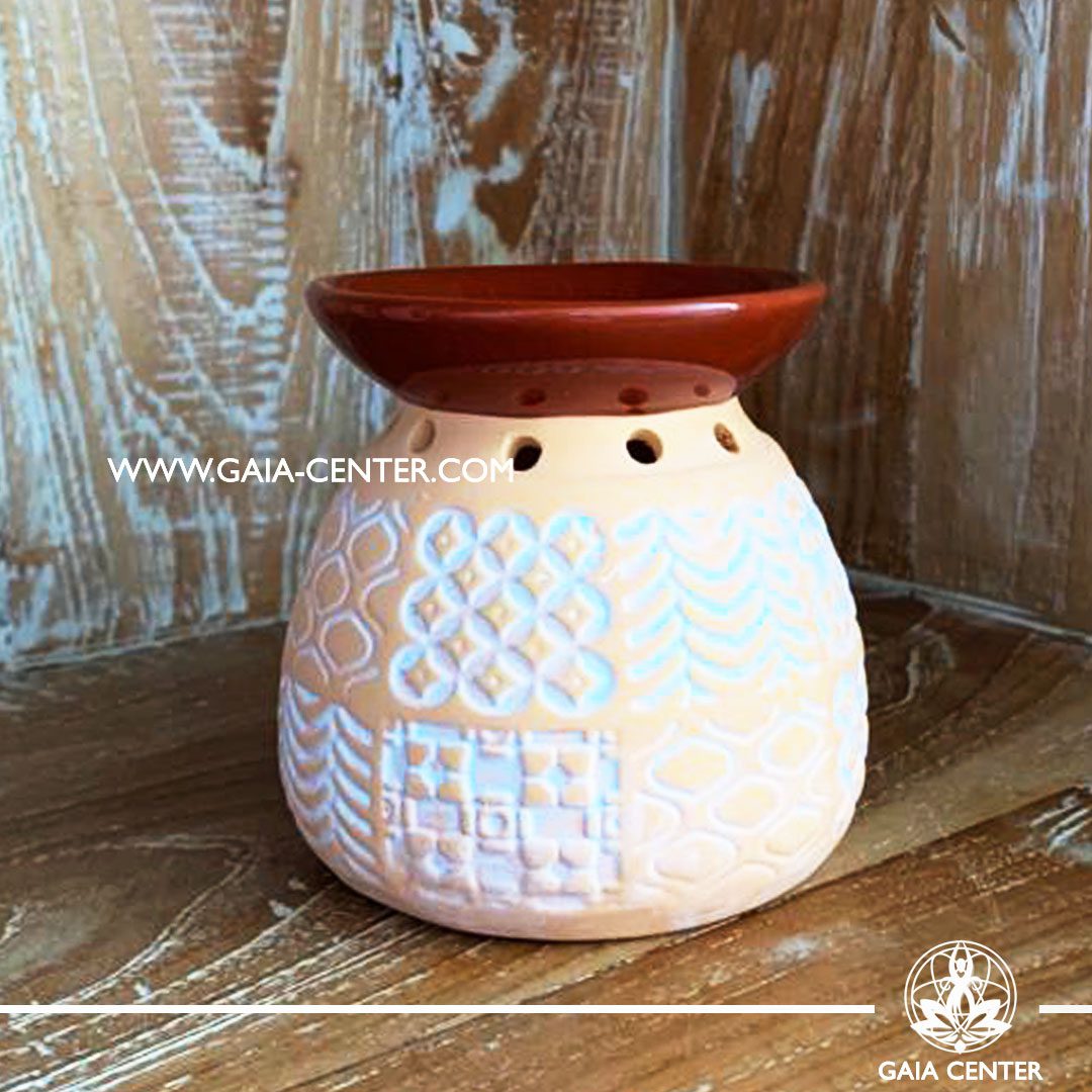 Essential Oil Burner or Wax Melt Burner - Ceramic Natural Brown & White colors Marrakech style. Aroma diffusers and oil burners selection ​at Gaia Center in Cyprus.