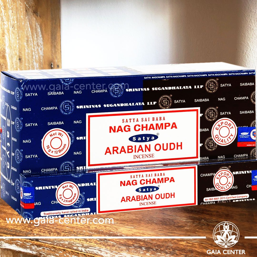 Incense Sticks pack 15g Nag Champa and Arabian Oudh combo mix by Satya. Incense Sticks and Incense Burners selection at Gaia Center in Cyprus.