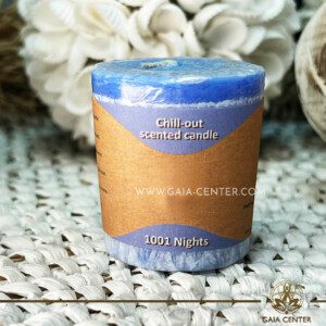 Natural Aroma Scented Perfumed votive candle - 1001 Nights fragrant mix in Light Blue color. Made from 100% vegetable palm wax from sustainable farming. Scented with essential oils: sandalwood, myrrh, ginger, vanilla. Natural Atmospheric chill-out candles selection at Gaia Center Crystals & Incense shop in Cyprus.
