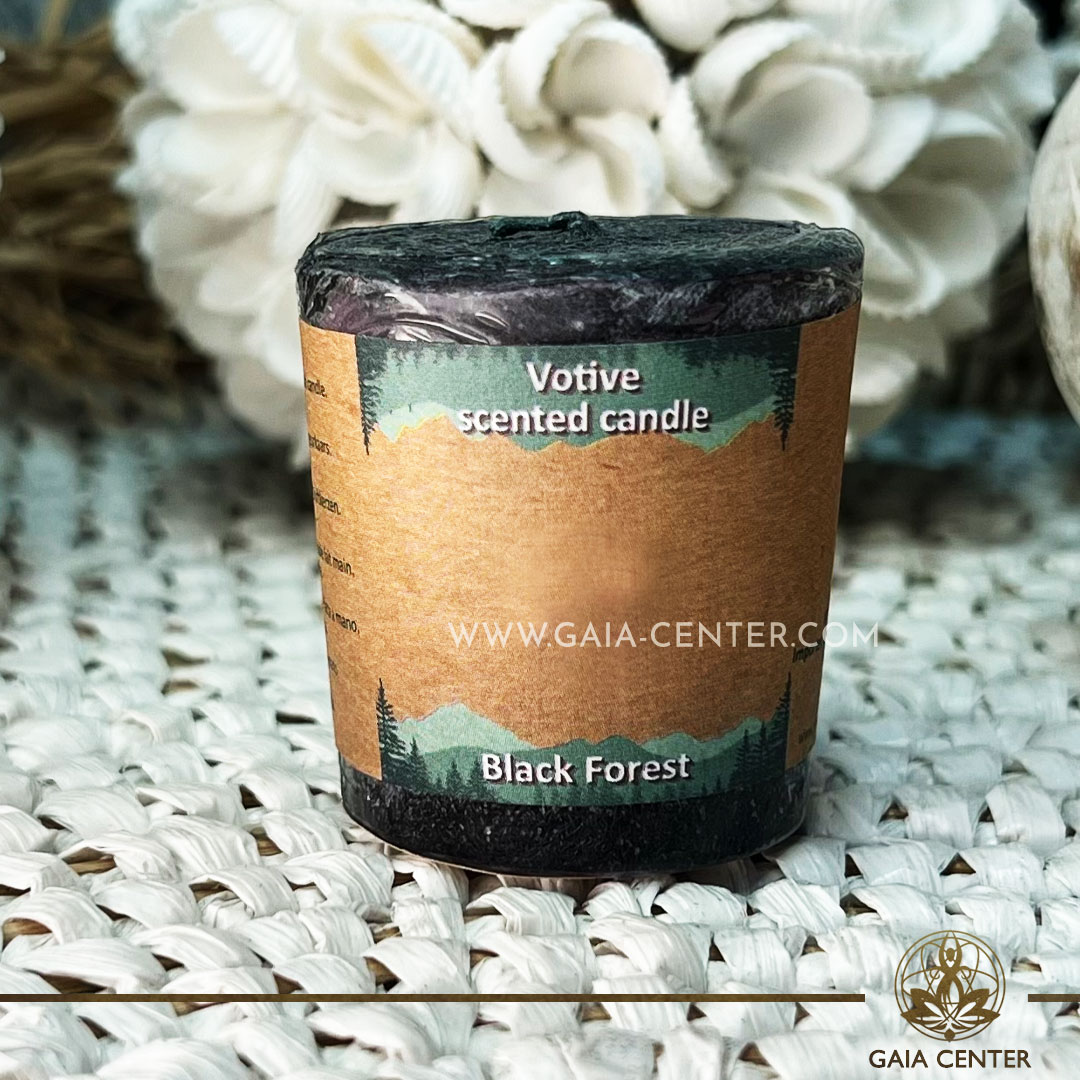Natural Aroma Scented Perfumed votive candle - Black Forest fragrant mix in Black color. Made from 100% vegetable palm wax from sustainable farming. Scented with essential oils: cedarwood, juniper, lavender. Natural Atmospheric chill-out candles selection at Gaia Center Crystals & Incense shop in Cyprus.