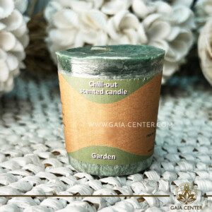 Natural Aroma Scented Perfumed votive candle - Garden fragrant mix in Green color. Made from 100% vegetable palm wax from sustainable farming. Scented with essential oils: lavender, geranium, rosewood. Natural Atmospheric chill-out candles selection at Gaia Center Crystals & Incense shop in Cyprus.