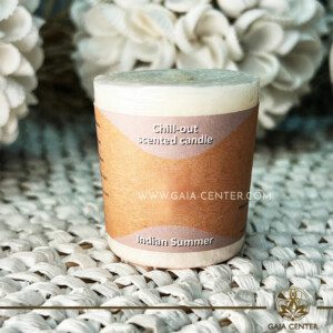 Natural Aroma Scented Perfumed candle Calm fragrant mix in white color. Made from 100% vegetable palm wax from sustainable farming. Scented with essential oils: sage and lemongrass. Natural Atmospheric chill-out candles selection at Gaia Center Crystals & Incense shop in Cyprus.