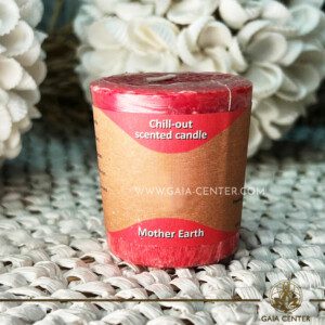 Natural Aroma Scented Perfumed votive candle - Mother Earth fragrant mix in Red color. Made from 100% vegetable palm wax from sustainable farming. Scented with essential oils: cinnamon, clove, sage. Natural Atmospheric chill-out candles selection at Gaia Center Crystals & Incense shop in Cyprus.
