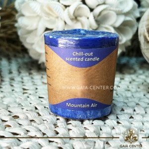 Natural Aroma Scented Perfumed votive candle - Mountain Air fragrant mix in Blue color. Made from 100% vegetable palm wax from sustainable farming. Scented with essential oils: sandalwood, cedar, rosemary. Natural Atmospheric chill-out candles selection at Gaia Center Crystals & Incense shop in Cyprus.