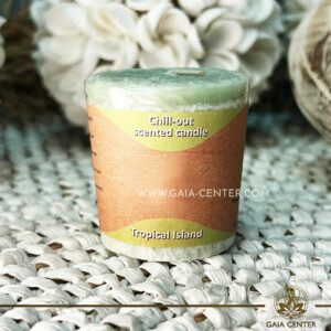 Natural Aroma Scented Perfumed votive candle - Calm fragrant mix in light green color. Made from 100% vegetable palm wax from sustainable farming. Scented with essential oils: palmarosa, cedar, vanilla. Natural Atmospheric chill-out candles selection at Gaia Center Crystals & Incense shop in Cyprus.