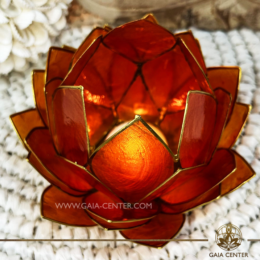 Natural Seashell Capiz Candle holder Tea-Light Lotus Flower Design. Orange Color with gold color trim. Large size: 15cm. Selection of home decor items at Gaia Center Crystal Incense Shop in Cyprus.